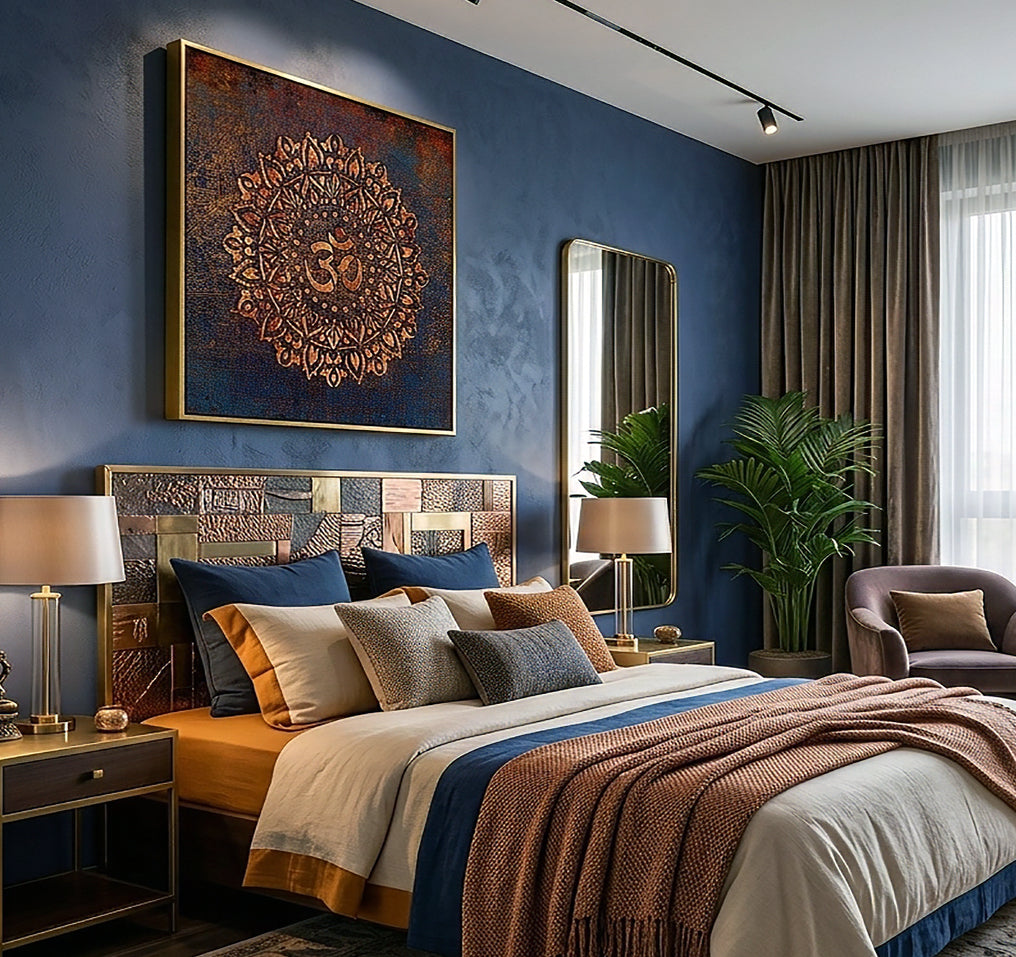 Aum Symbol Mandala Style on Purple Background Printed on Canvas in a Gold Floating Frame