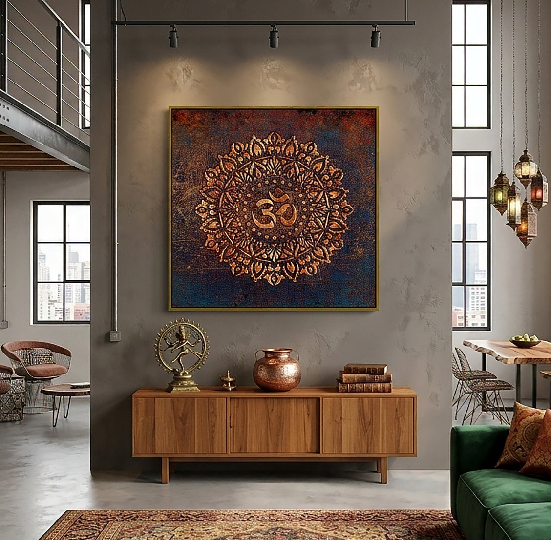 Aum Symbol Mandala Style on Purple Background Printed on Canvas in a Gold Floating Frame