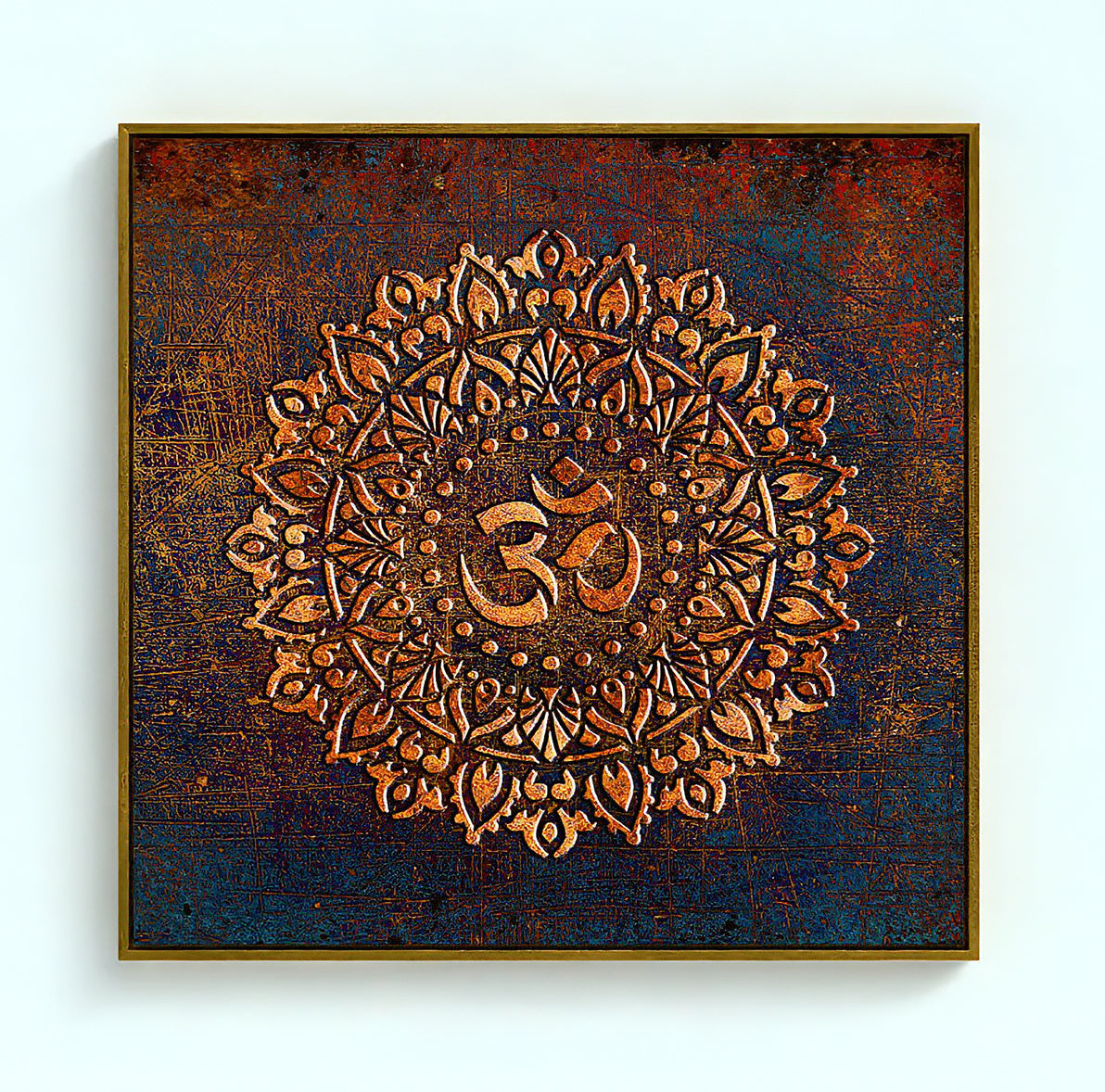 Aum Symbol Mandala Style on Purple Background Printed on Canvas in a Gold Floating Frame
