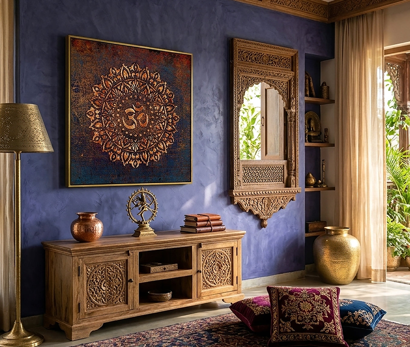 Aum Symbol Mandala Style on Purple Background Printed on Canvas in a Gold Floating Frame