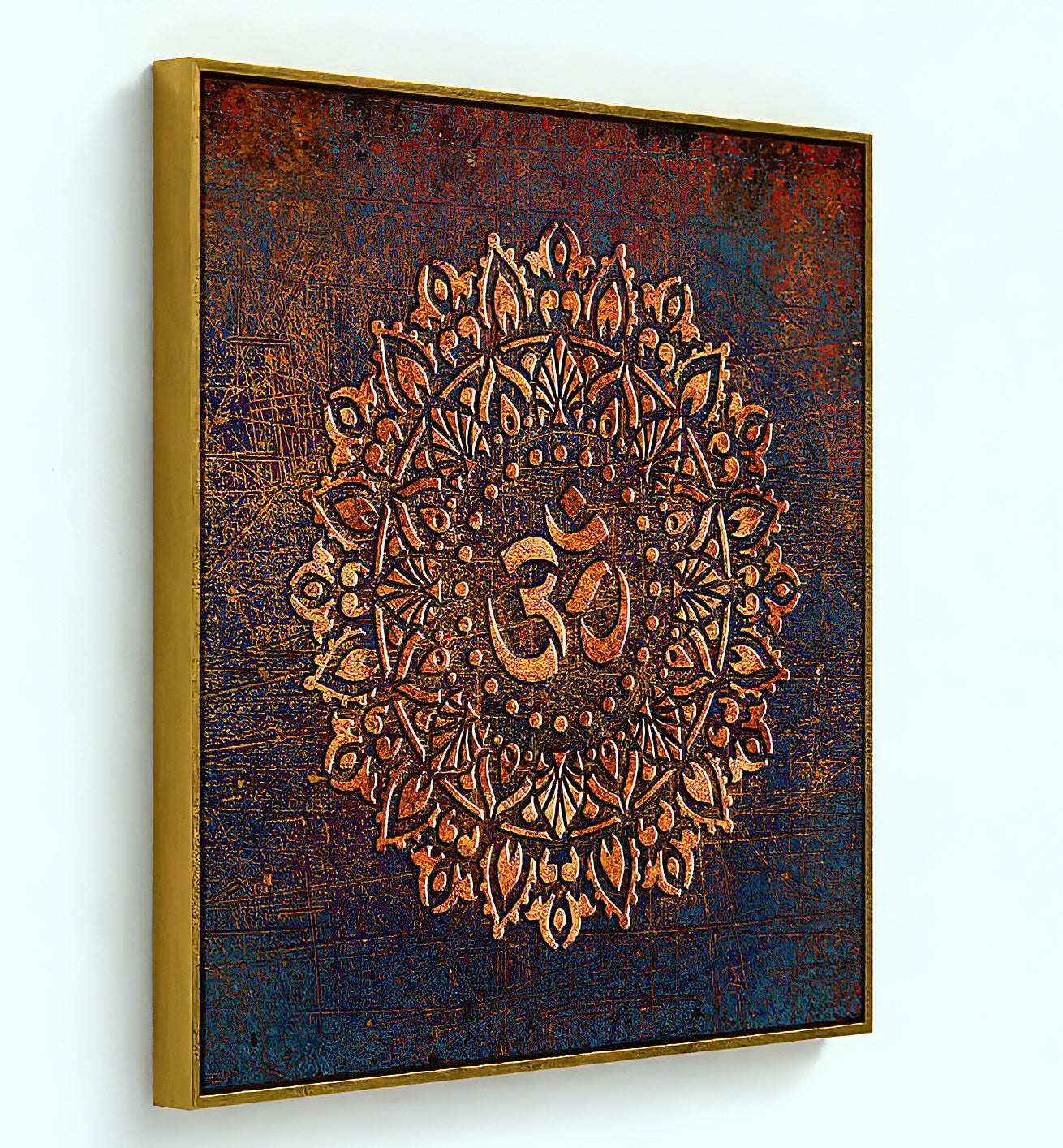 Aum Symbol Mandala Style on Purple Background Printed on Canvas in a Gold Floating Frame