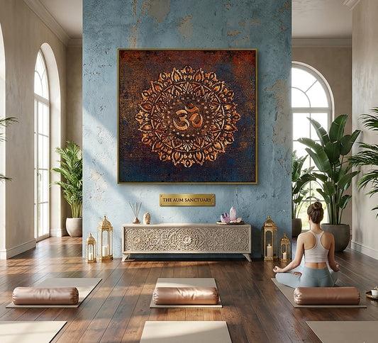 Aum Symbol Mandala Style on Purple Background Printed on Canvas in a Gold Floating Frame