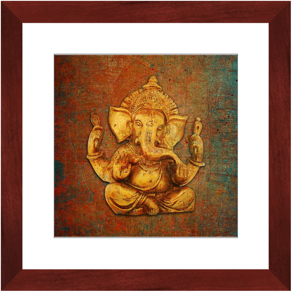 Ganesha on a Distressed Brown Background Print in Cherry Color Wood Frame 12x12