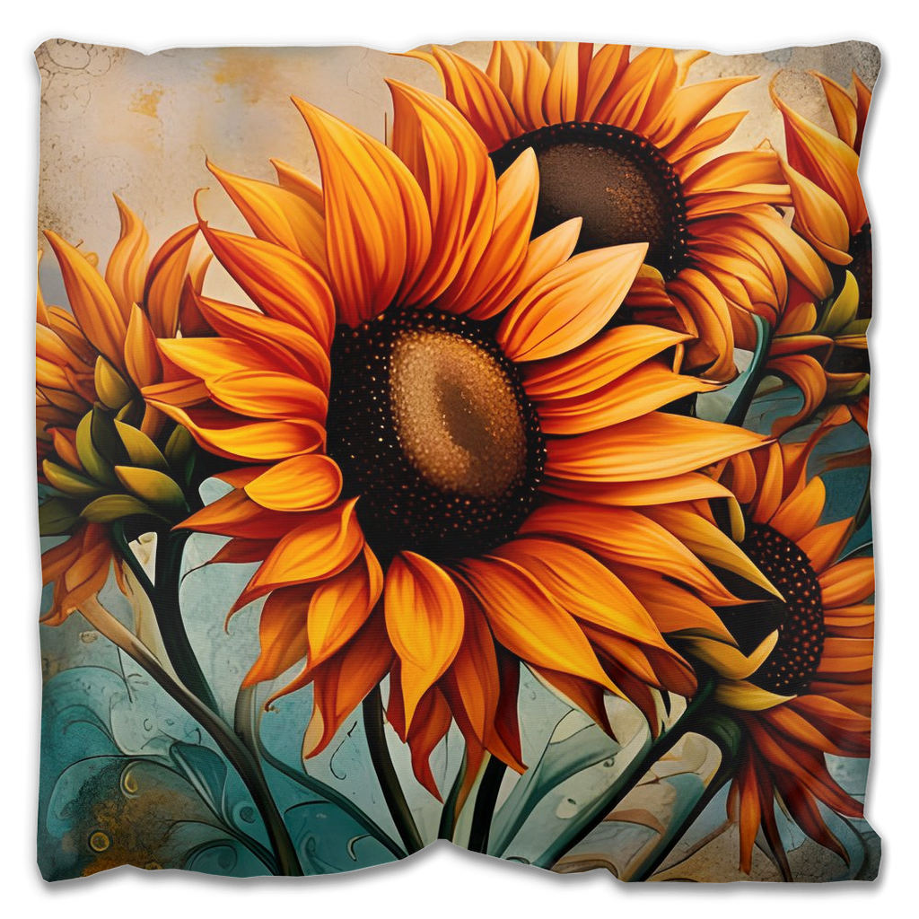 Sunflower Crop on Distressed Blue and Copper Background Print on outdoor pillow 16x16 back