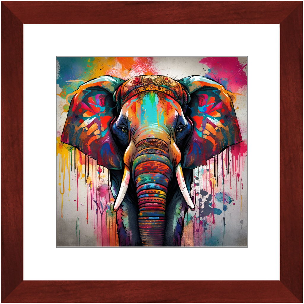 Colorful Dripping Paint Elephant Print on Archival Paper in Cherry Color Wood Frame 12x12