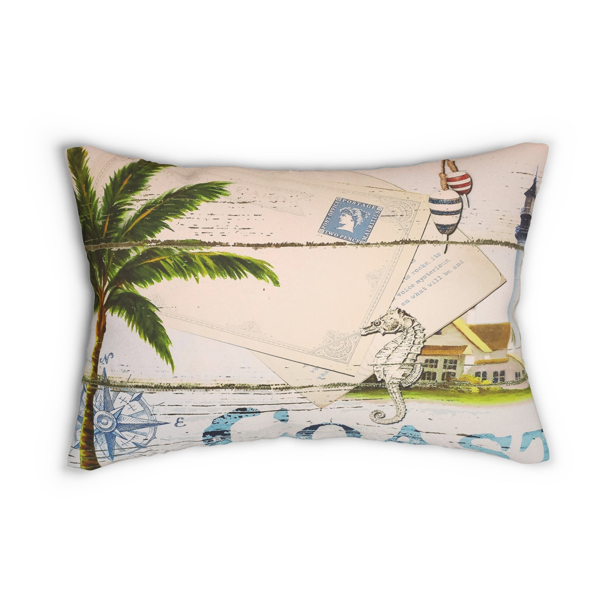 Decorative pillow with tropical design featuring palm tree, sailboat, and house.