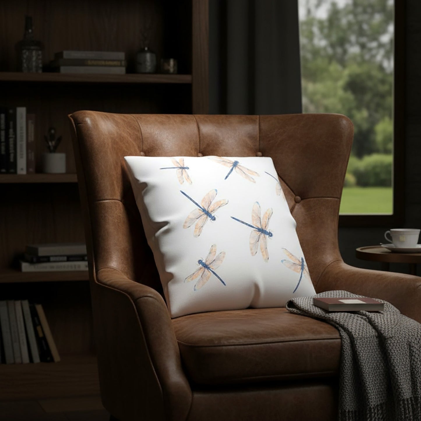 Decorative pillow with dragonfly pattern on a brown leather armchair in a cozy room.