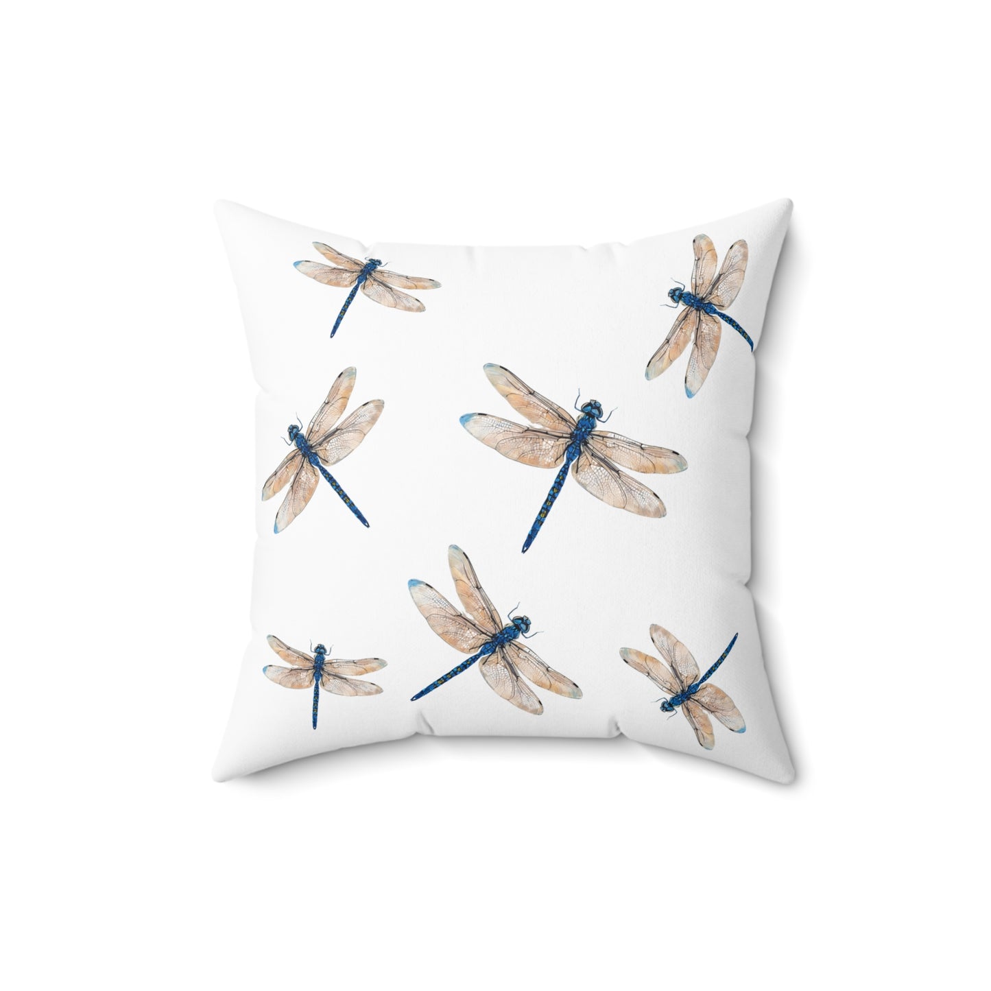 Double Sided Minimalist Square White Throw Pillow with Blue Dragonfly