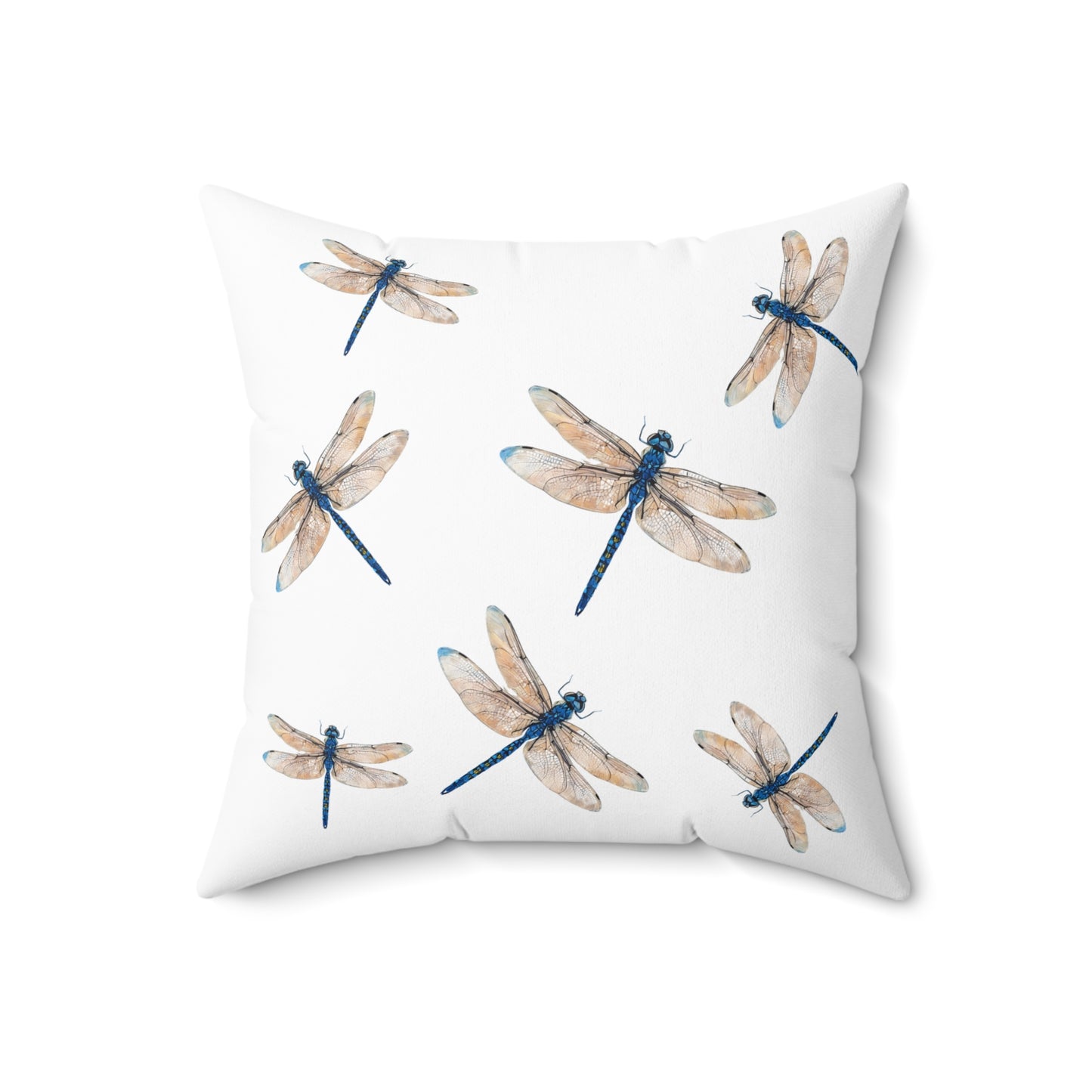 Double Sided Minimalist Square White Throw Pillow with Blue Dragonfly
