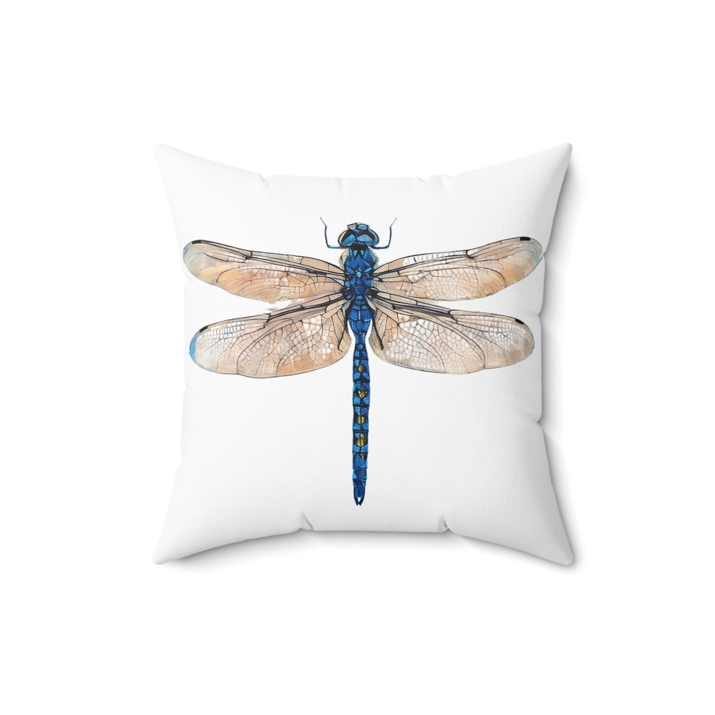 Double Sided Minimalist Square White Throw Pillow with Blue Dragonfly