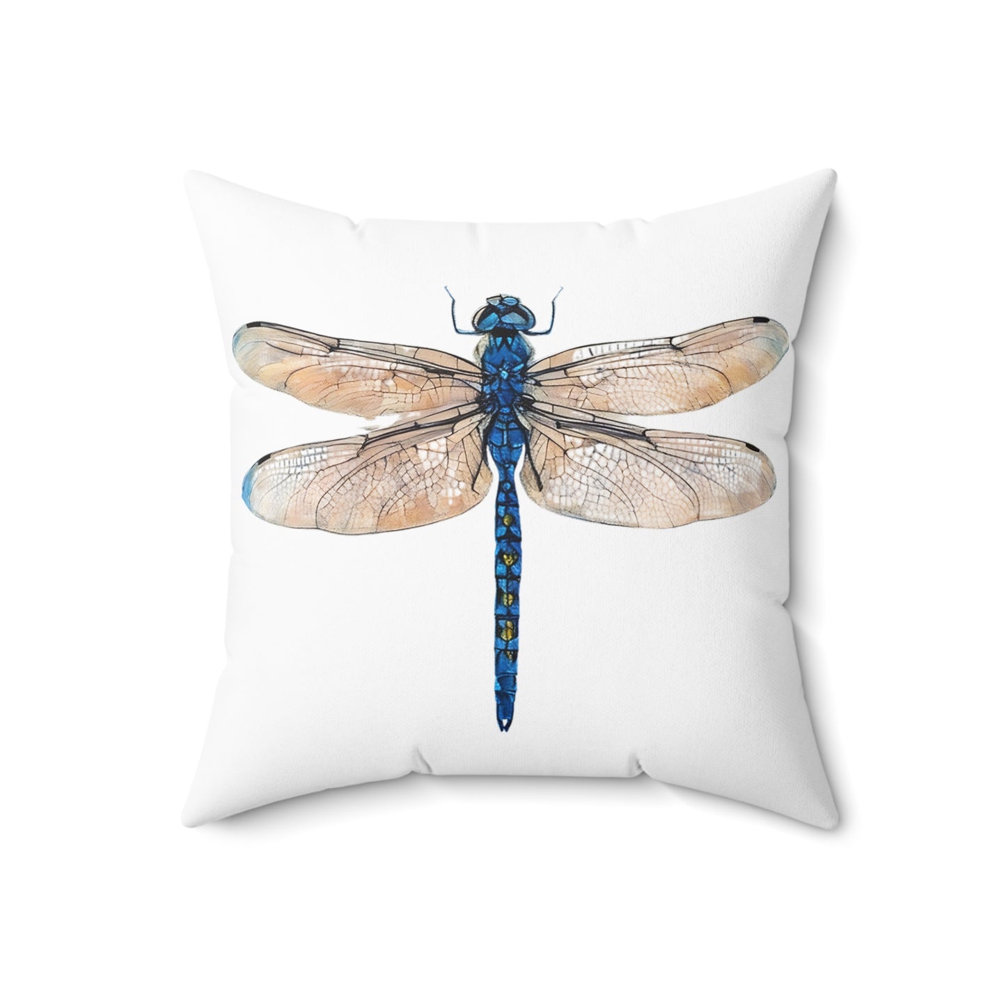 Double Sided Minimalist Square White Throw Pillow with Blue Dragonfly