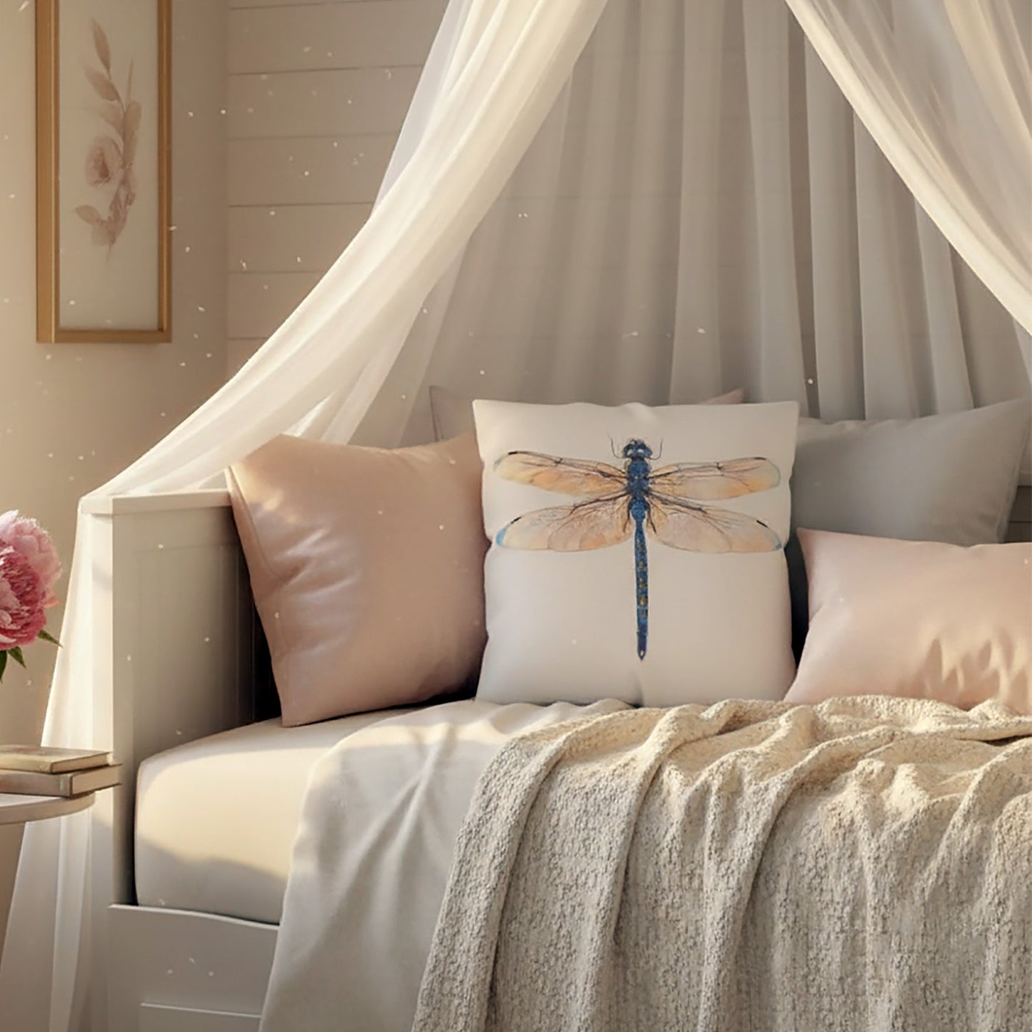 Decorative pillow with a dragonfly design on a bed in a bedroom setting.