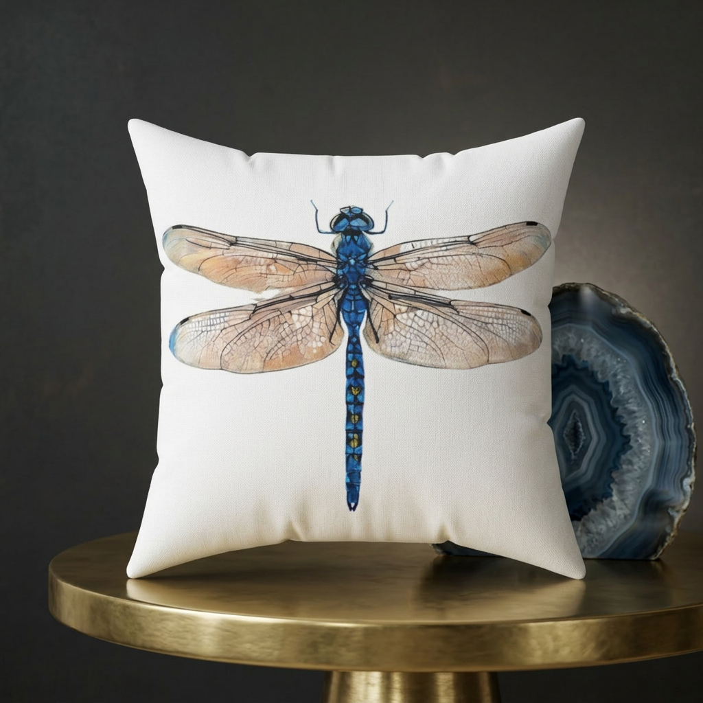Pillow with a dragonfly design on a gold table against a dark background