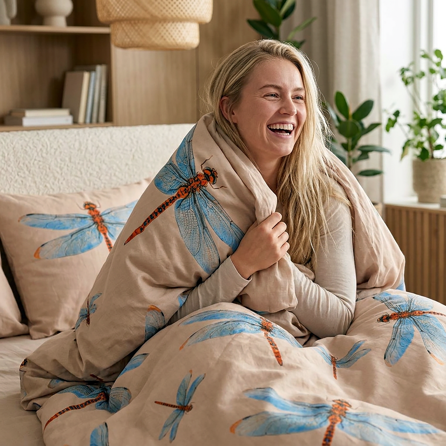 Minimalistic Blue Winged Orange Dragonfly Print on Warm Beige Cotton Bedding Set, One Duvet Cover, Two Pillow Shams