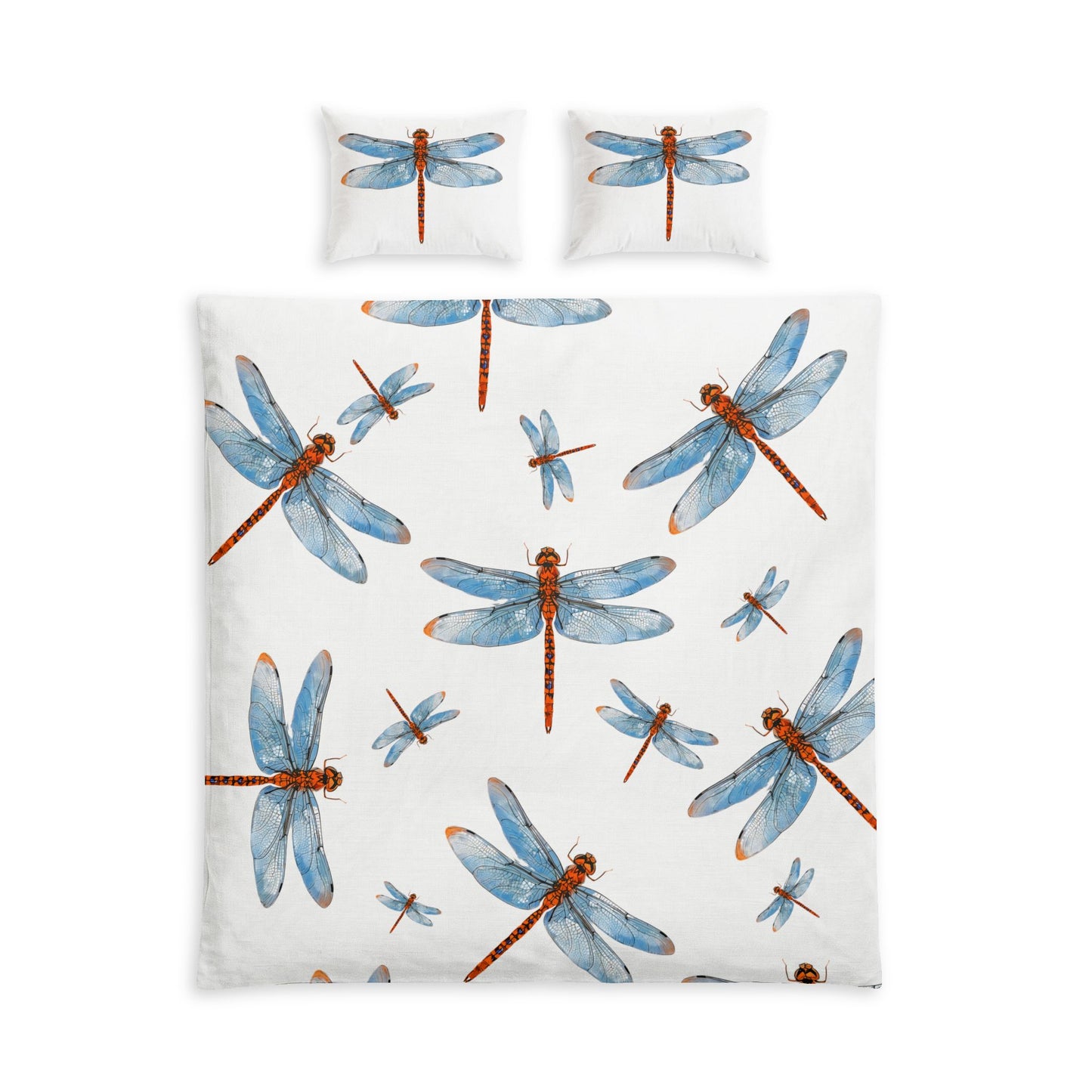 Minimalistic Blue Winged Orange Dragonfly Print on White Cotton Bedding Set, One Duvet Cover, Two Pillow Shams