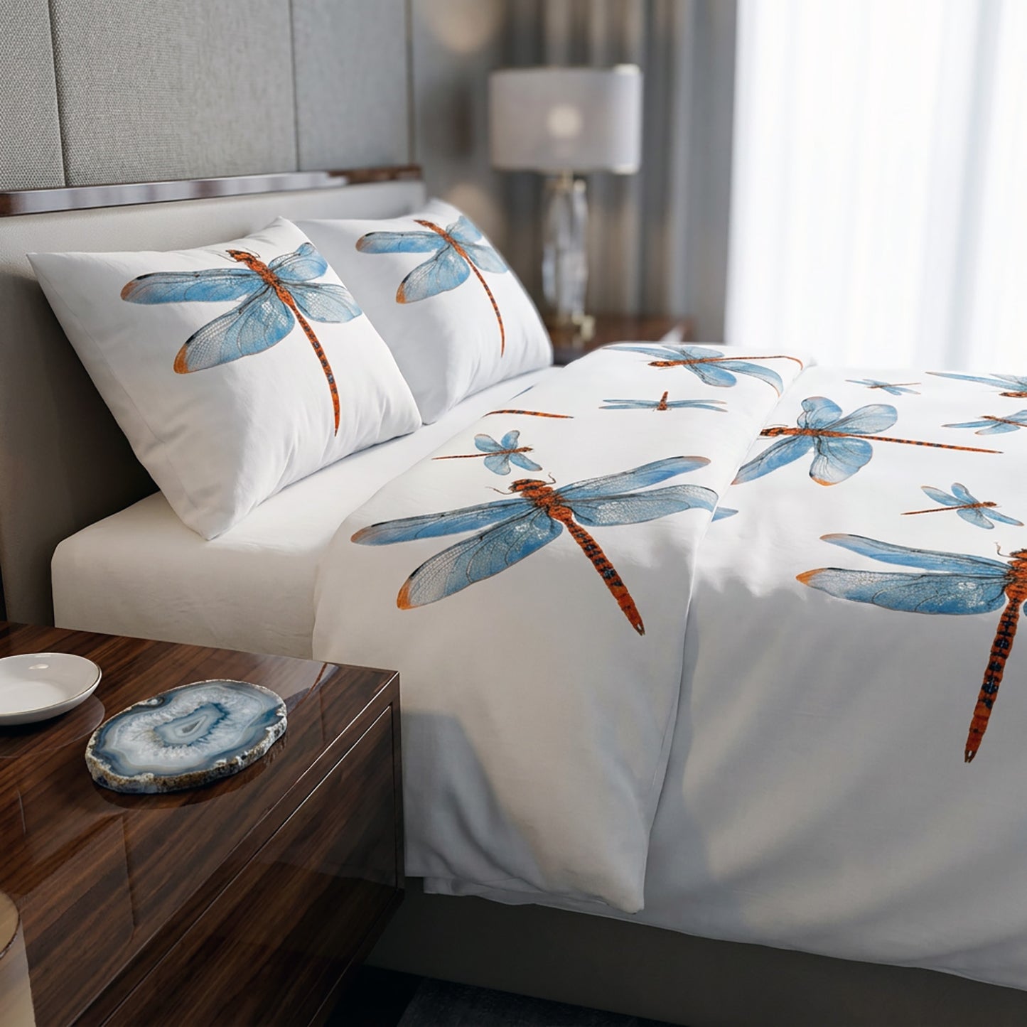 Bedding set with dragonfly design in a bedroom setting