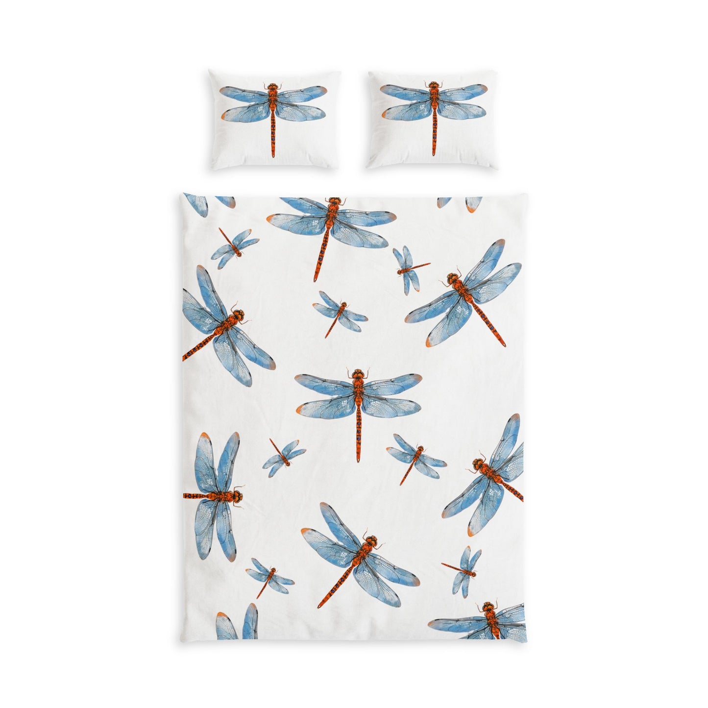Dragonfly-patterned bedding set with matching pillowcases on a white background