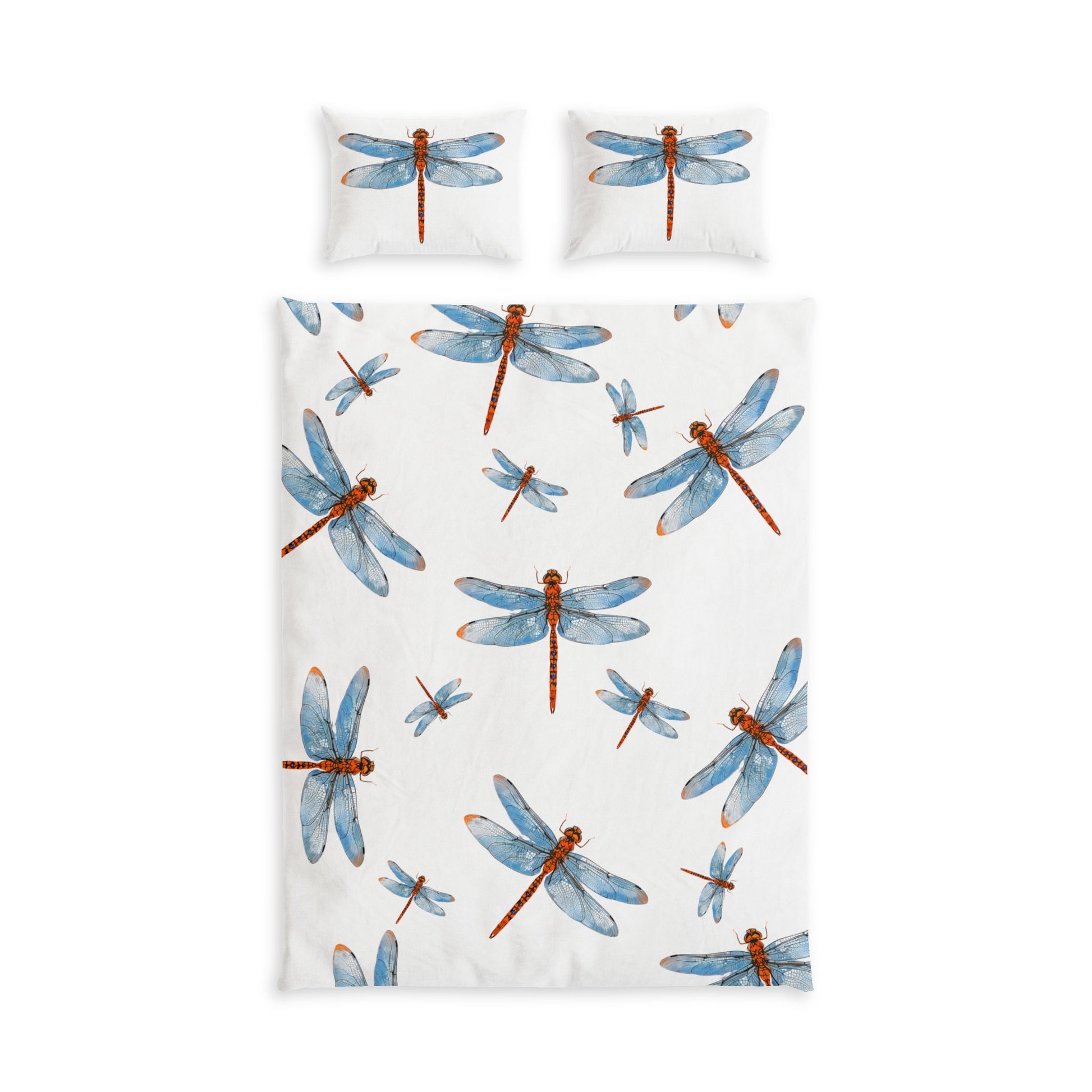Dragonfly-patterned bedding set with matching pillowcases on a white background