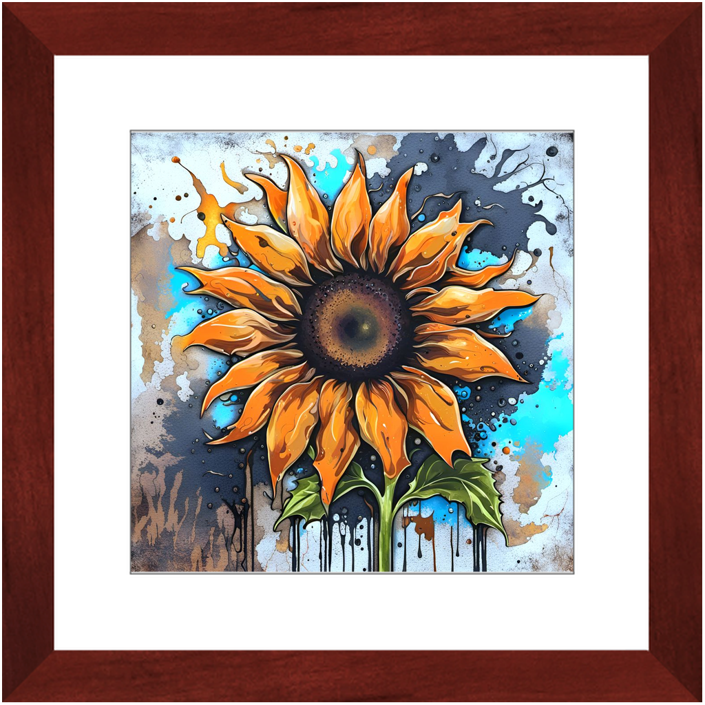 Street Art Style Sun Flower Print on Archival Paper in Cherry Color Wood Frame 12x12
