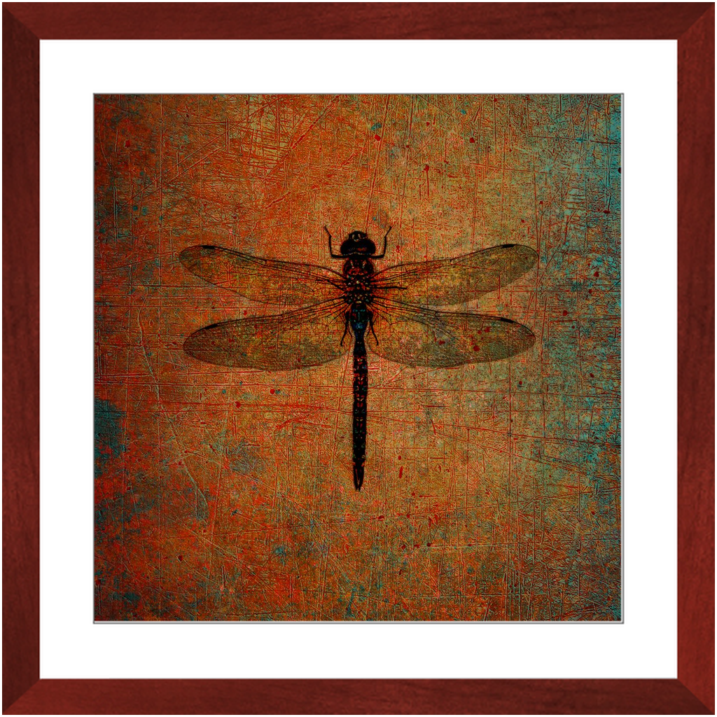 Dragonfly on Distressed Brown Background Framed in a Square Cherry Color Wood Frame 20x20