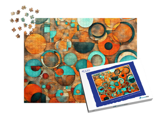 Jigsaw puzzle with abstract circular design and packaging on a white background