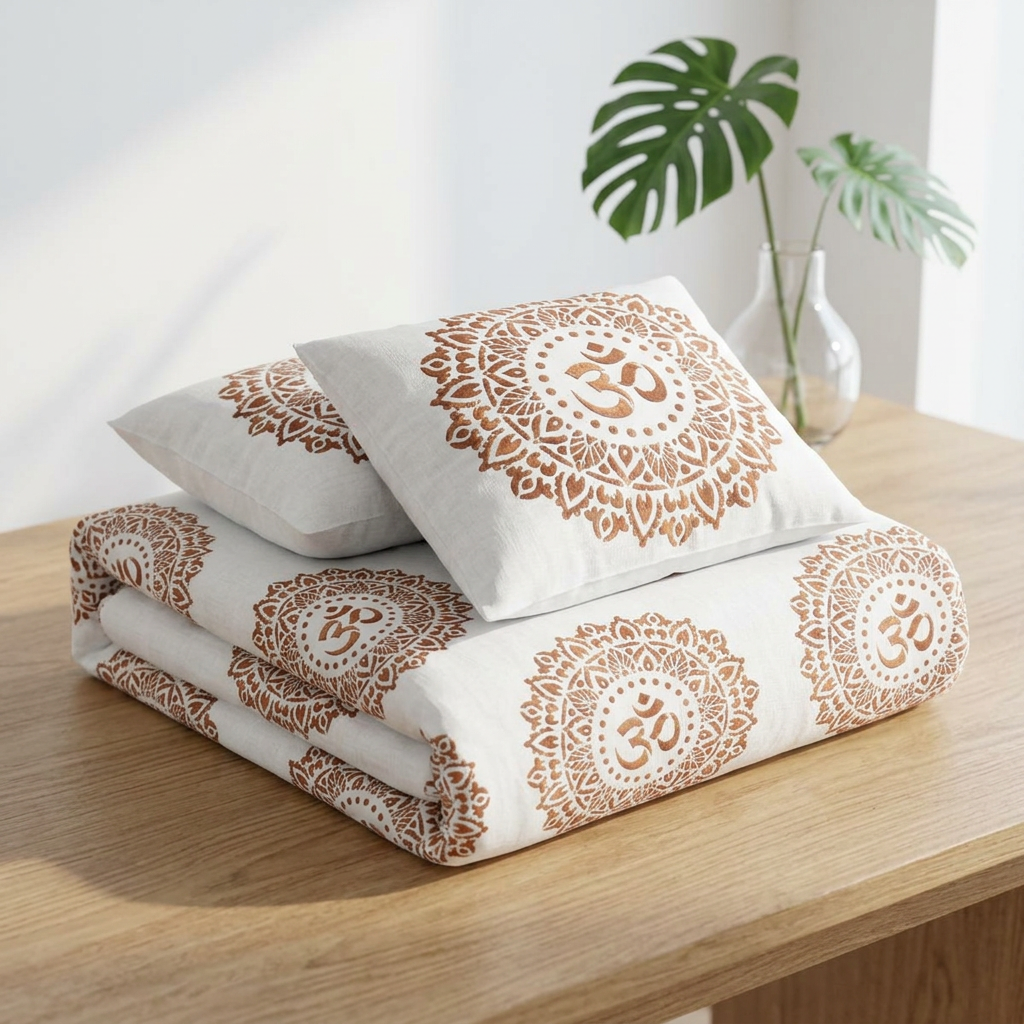 A folded bedding set with two matching pillows and a folded blanket or comforter, featuring a white base with a brown mandala pattern and an Om symbol in the center, styled on a wooden table with a vase of green leaves in the background.