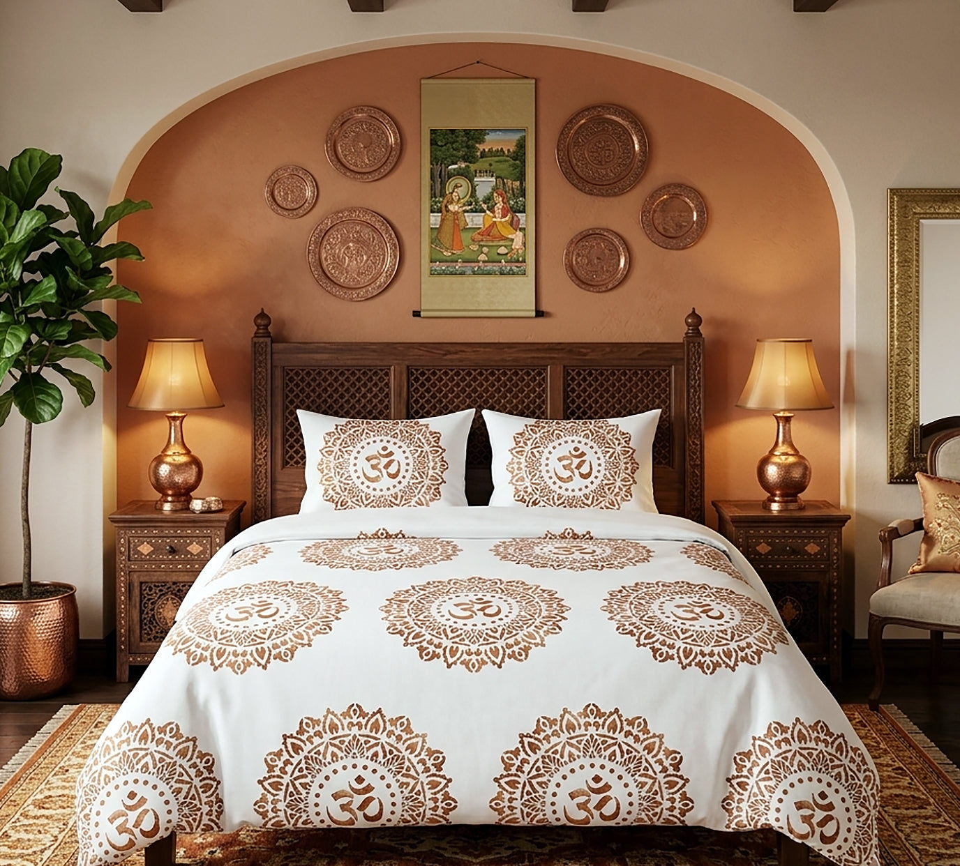 A styled bedroom scene showing a bed dressed in white bedding with large brown mandala and Om symbols, flanked by matching pillows. The room has warm tan walls with an arched alcove, decorative plates, two lit table lamps, a wooden headboard, and a potted plant.