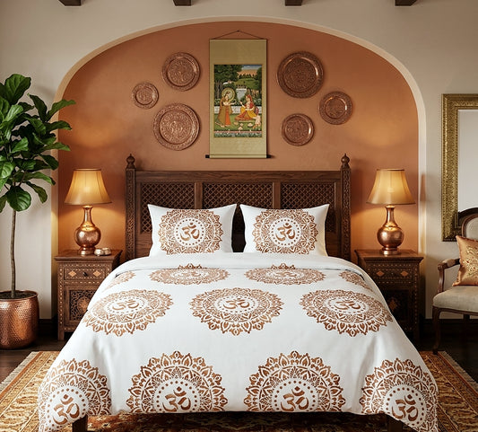 A styled bedroom scene showing a bed dressed in white bedding with large brown mandala and Om symbols, flanked by matching pillows. The room has warm tan walls with an arched alcove, decorative plates, two lit table lamps, a wooden headboard, and a potted plant.