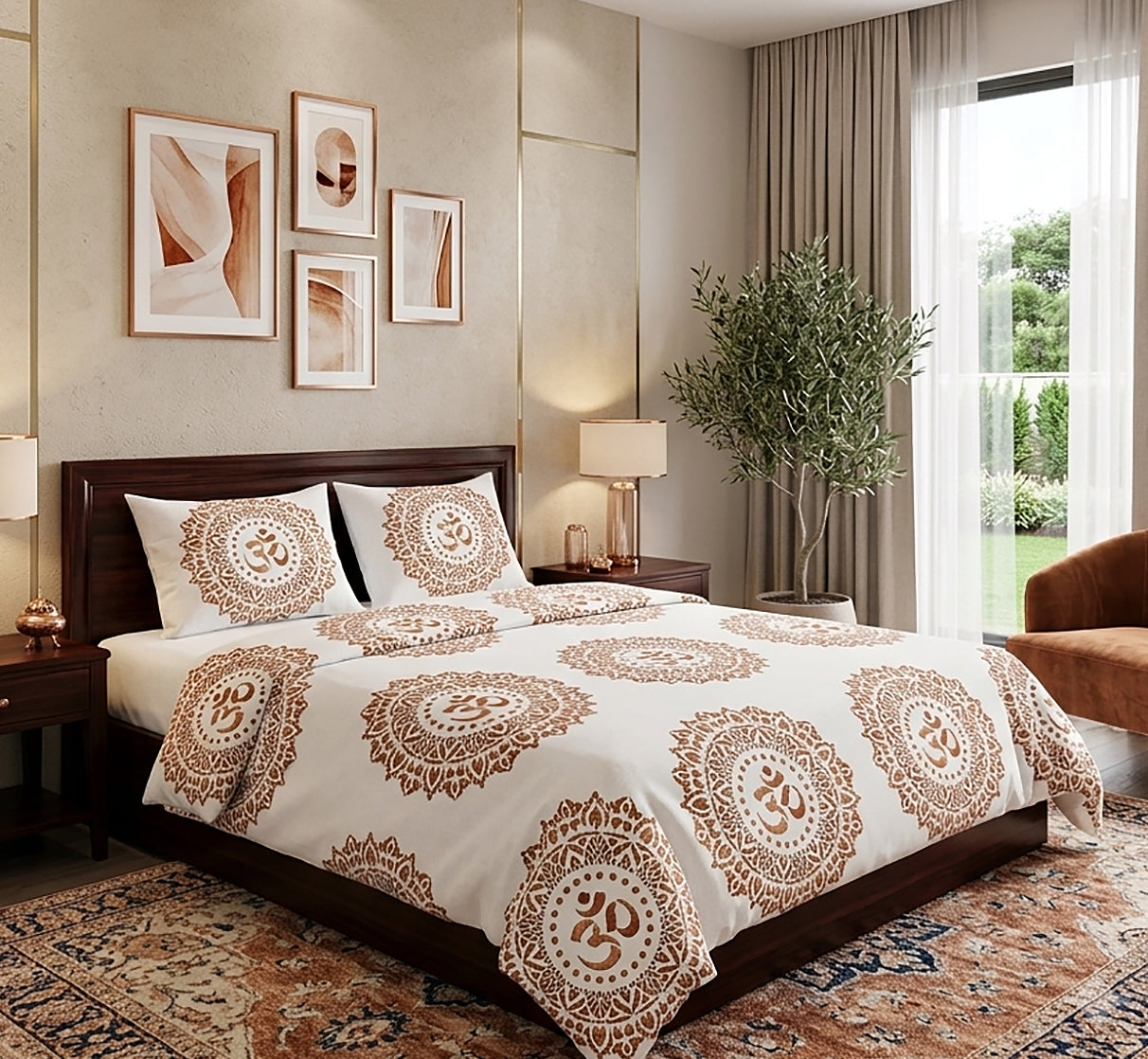A neatly made bed in a styled bedroom, featuring a white bedding set with large brown mandala and Om symbols. The room includes a dark wood headboard and footboard, bedside tables with lamps, framed wall art, a potted plant, and a patterned rug.