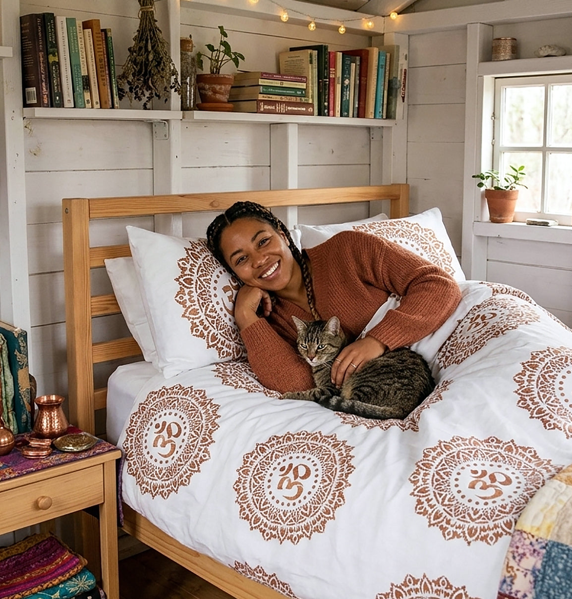 A woman relaxes on a wooden bed with a cat, wearing a rust-orange knit sweater and lying on white bedding printed with large brown mandala-style circular motifs. The room has white paneled walls, bookshelves, a window, and warm string lights.