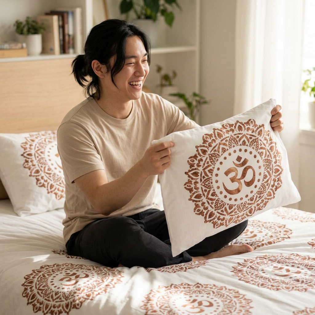 A smiling person sits on a bed holding a white pillow with a large brown mandala and Om symbol design. The bed has matching white bedding with brown mandala patterns, and another matching pillow is visible in the background in a softly lit bedroom.