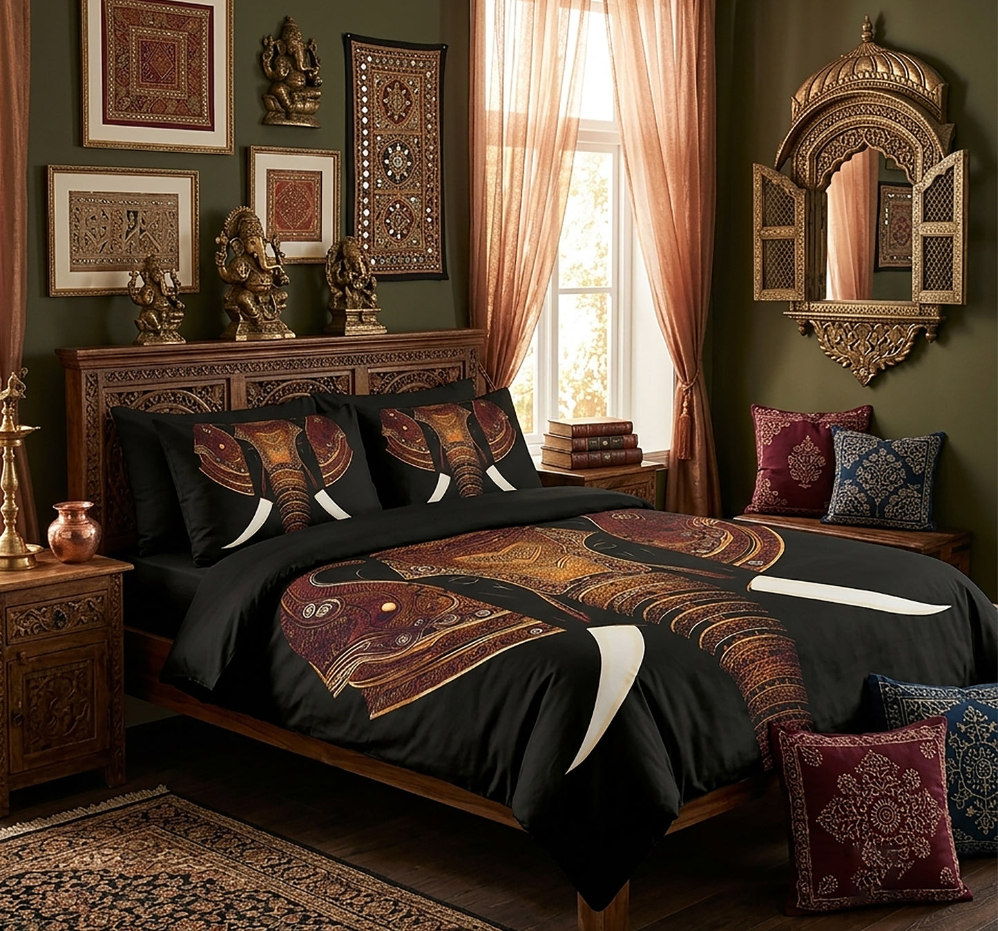 A styled bedroom scene featuring a bed dressed in a black duvet cover and matching pillow shams with a large ornate elephant print in rust, gold, and burgundy. The room has dark olive walls, carved wooden furniture, framed wall art, sheer peach curtains, and decorative pillows.