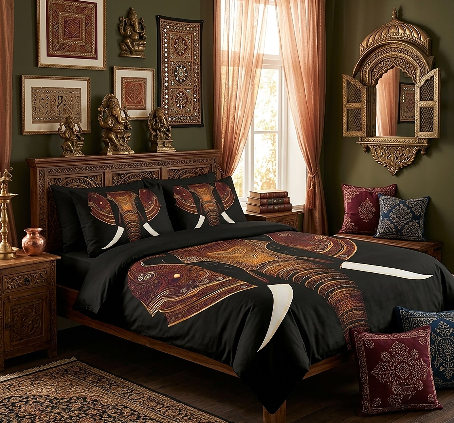 A styled bedroom scene featuring a bed dressed in a black duvet cover and matching pillow shams with a large ornate elephant print in rust, gold, and burgundy. The room has dark olive walls, carved wooden furniture, framed wall art, sheer peach curtains, and decorative pillows.