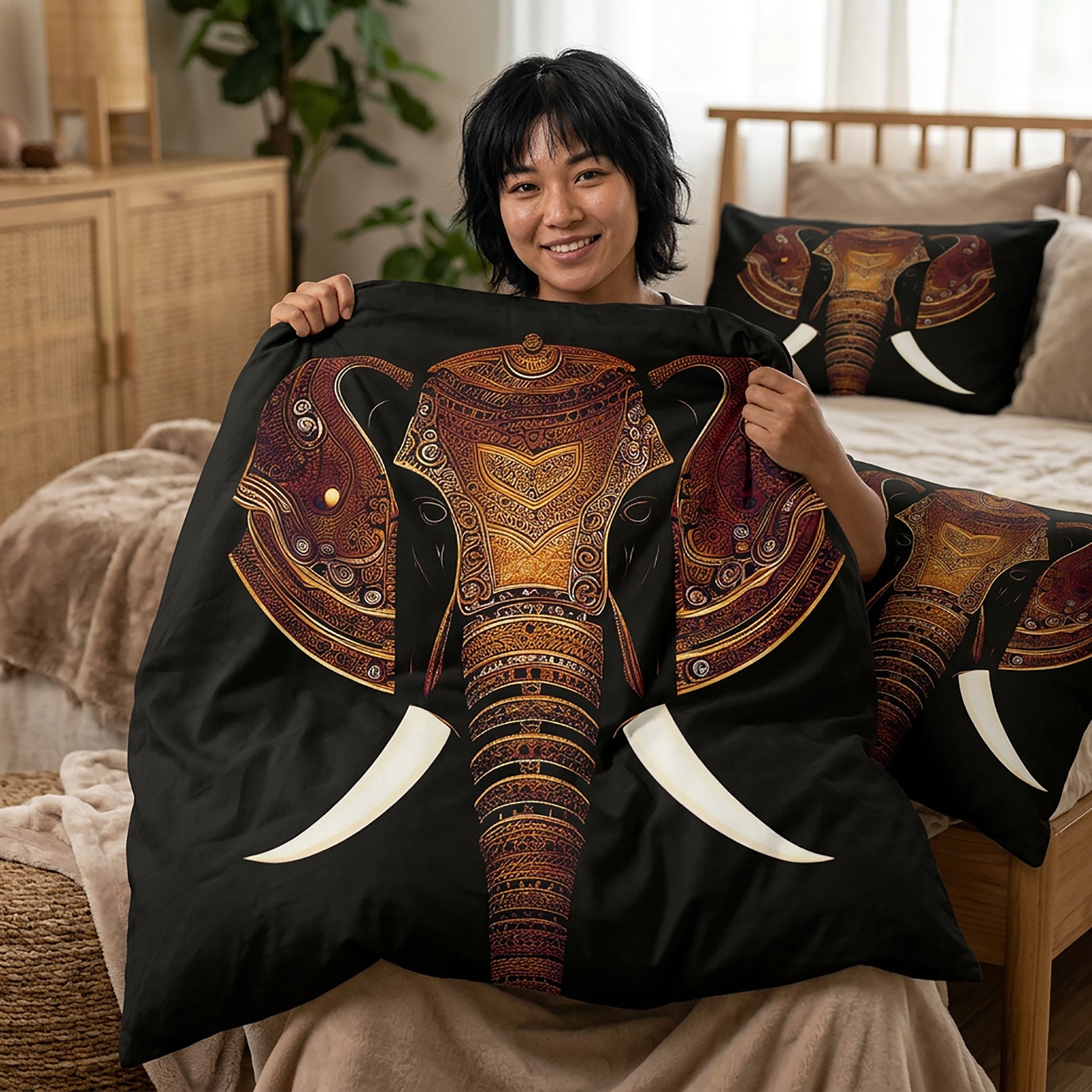 A woman holds up a black bedding set featuring a large, detailed brown and gold patterned elephant design, with matching pillows on a bed in a warm, rustic bedroom setting.