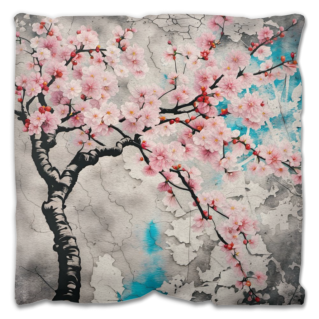 Japanese Themed Outdoor Pillows and Patio Decor Pink Cherry Blossoms Print 16x16