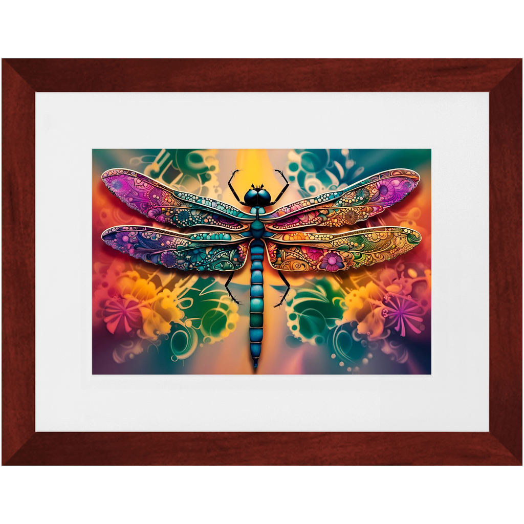 Multicolor Psychedelic Dragonfly Framed Print In A Cherry Color Wood Frame 8x12
