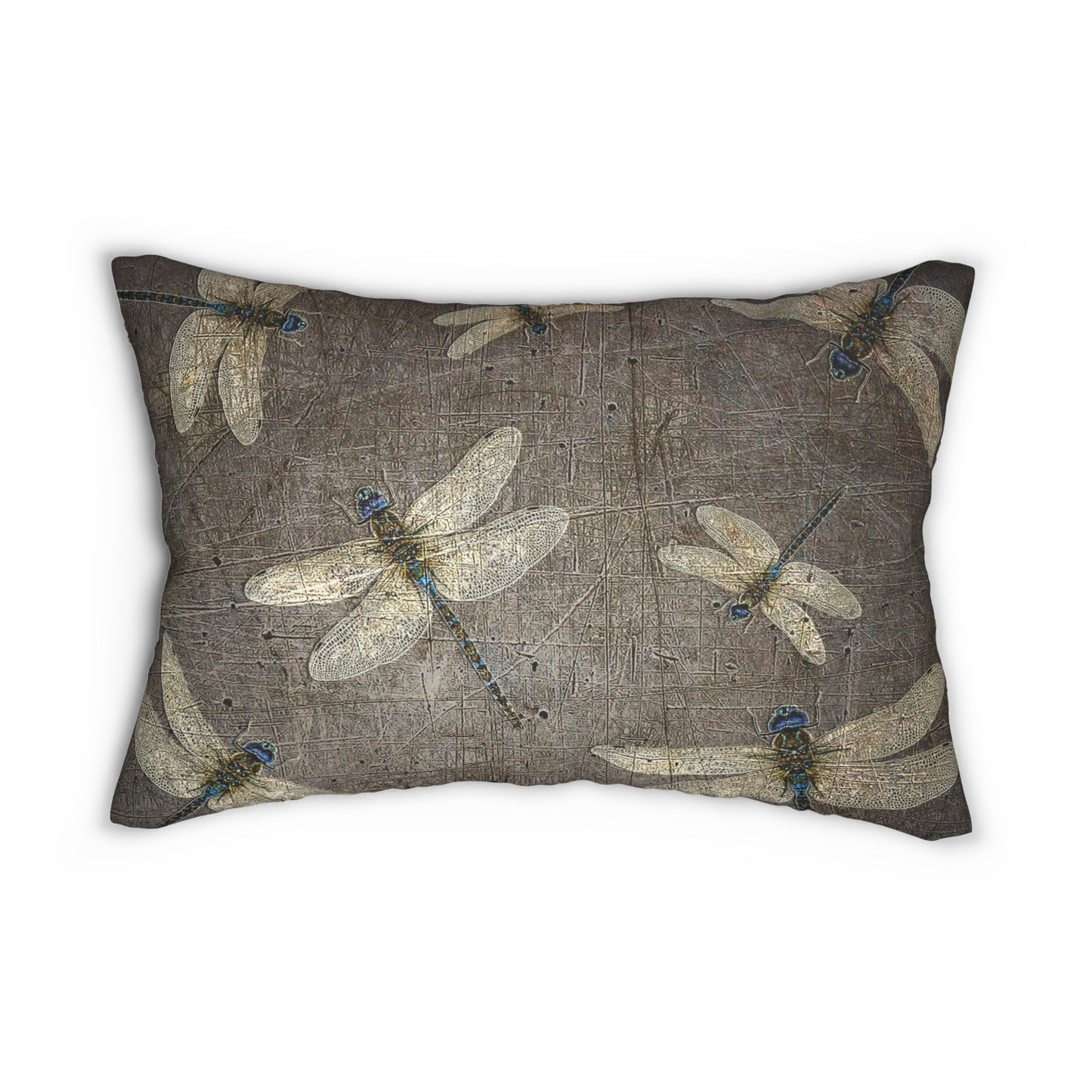 Decorative pillow with dragonfly pattern on a textured background