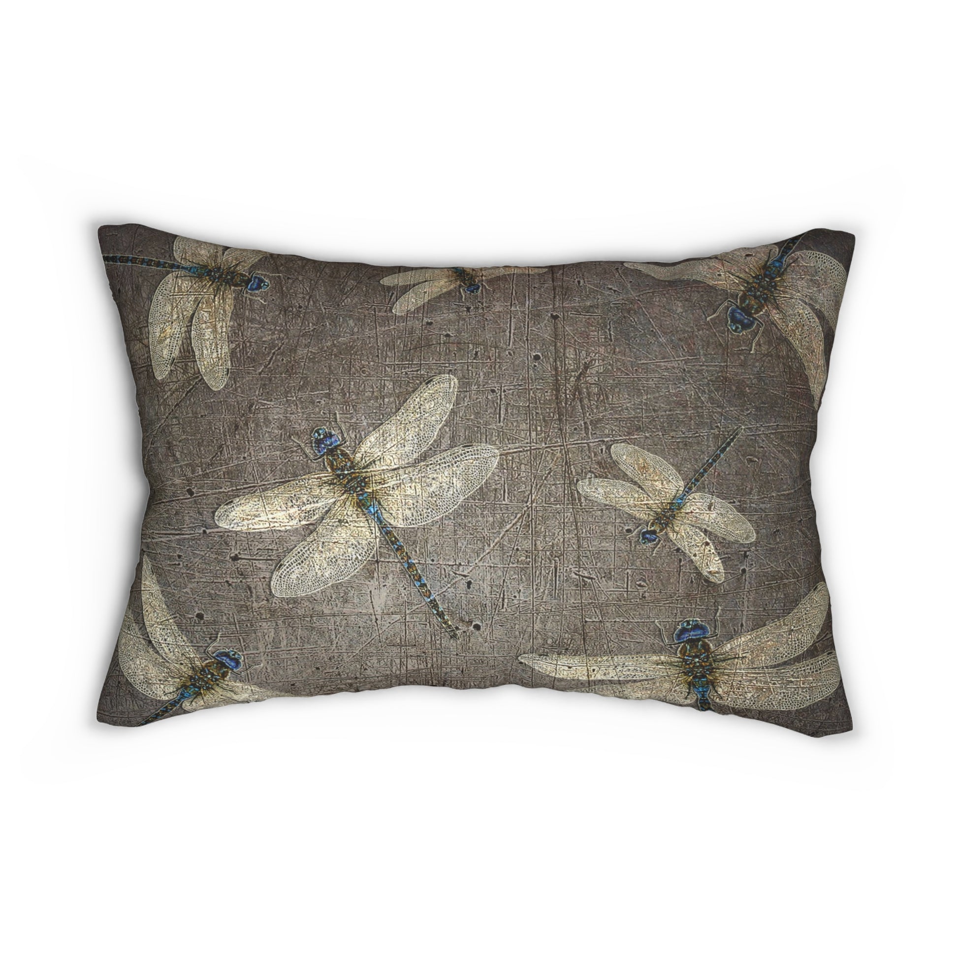 Decorative pillow with dragonfly pattern on a textured background