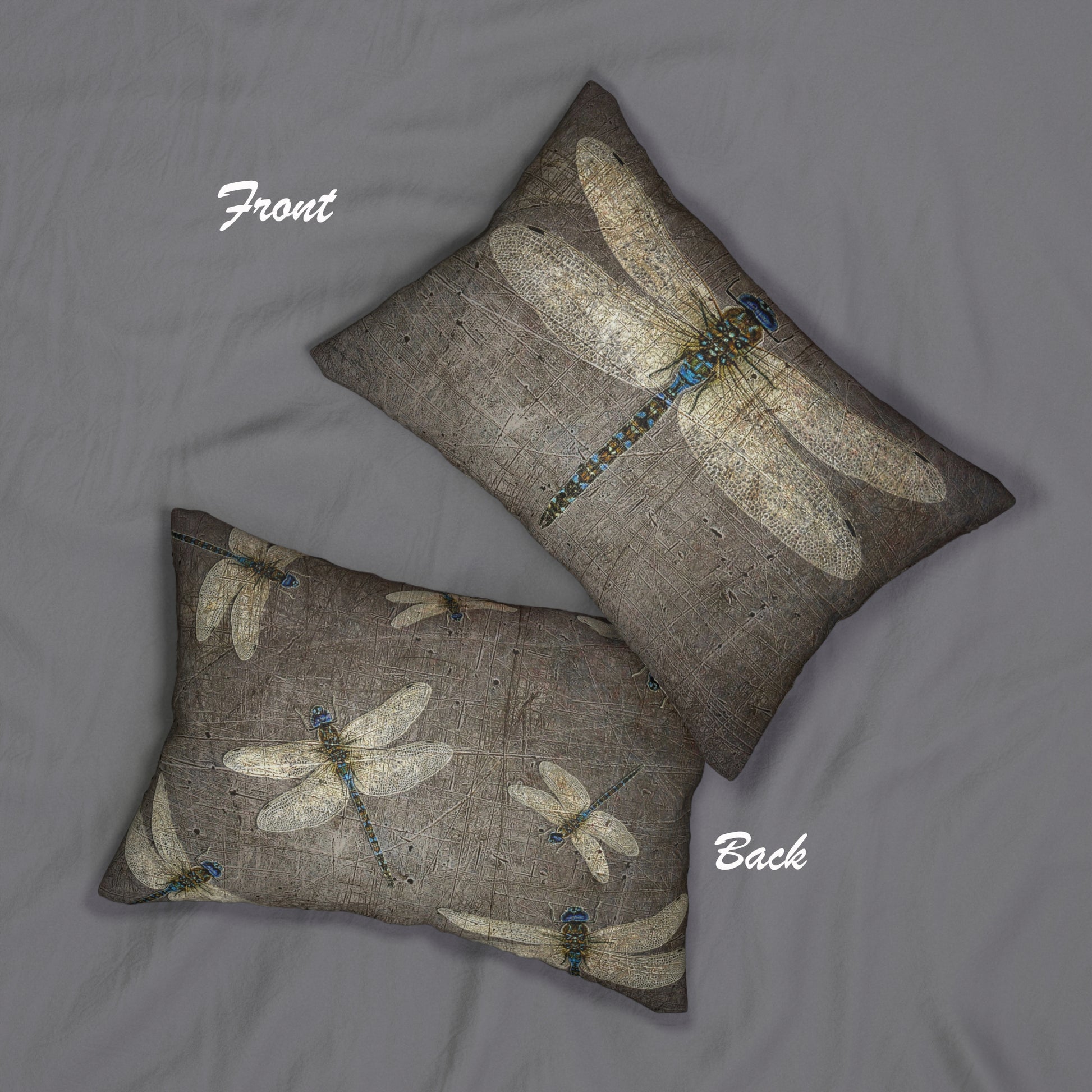Two pillows with dragonfly designs, one showing front and the other back, on a gray background.