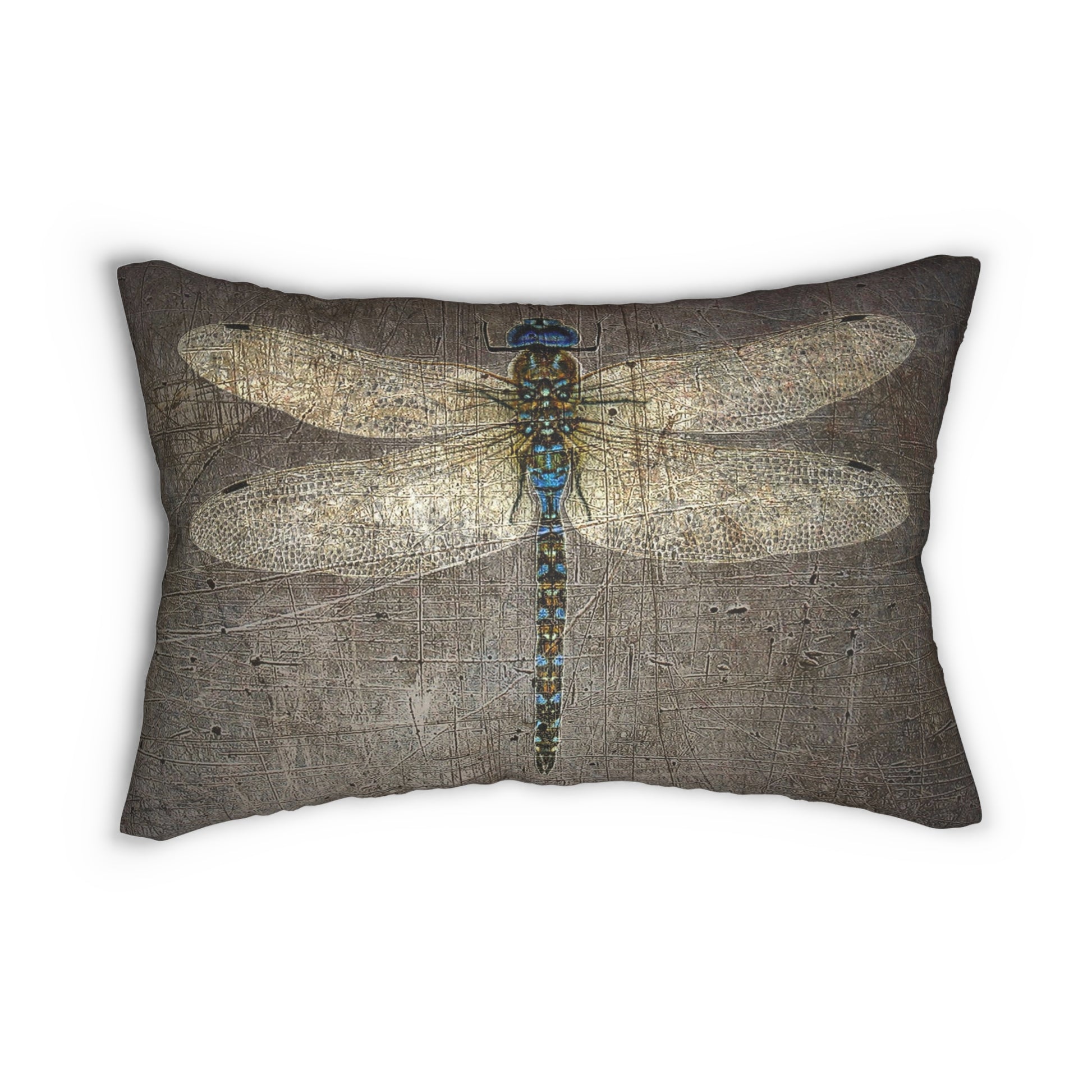 Decorative pillow with a dragonfly design on a textured background