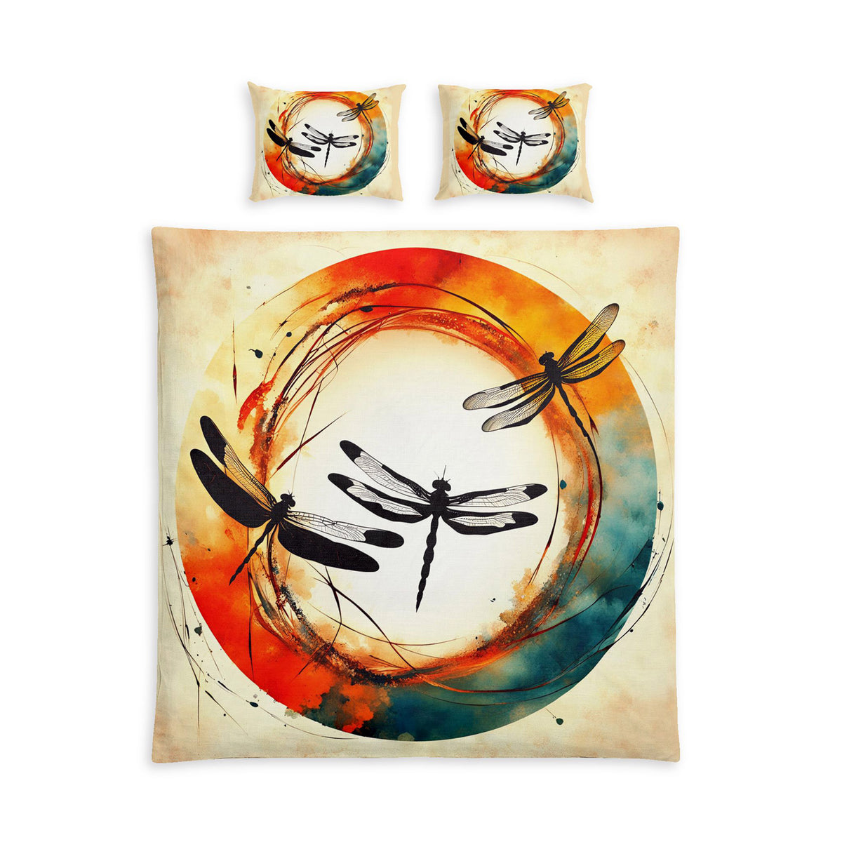 A bedding set featuring a duvet cover and two matching pillowcases with a watercolor-style dragonfly design. The duvet cover shows three black dragonfly silhouettes arranged around a circular brushstroke motif in orange, red, teal, and cream.