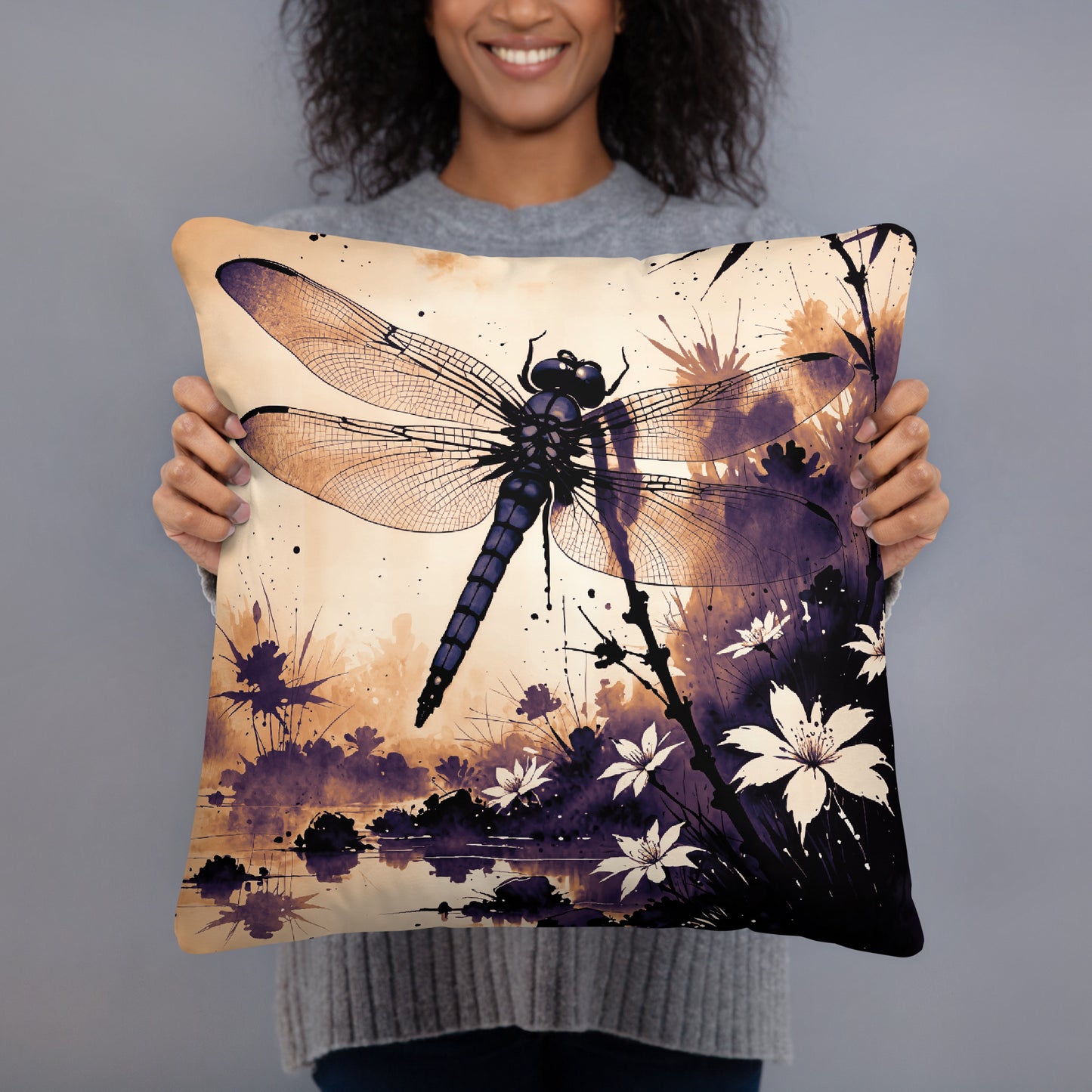Dragonfly over Pond Japanese Ink Style Decorative Premium Pillow