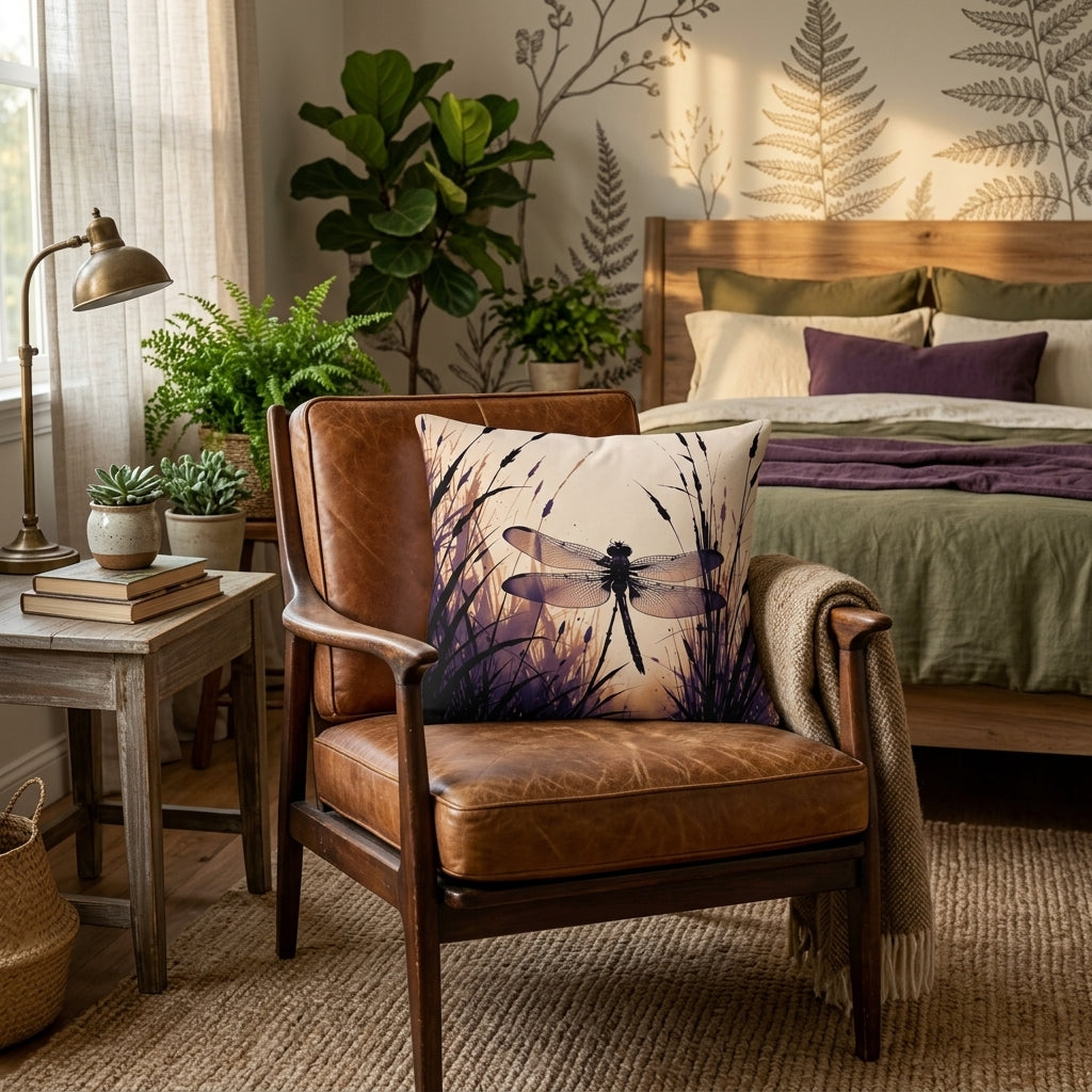 A brown leather accent chair in a styled bedroom setting, featuring a square throw pillow with a printed dragonfly over purple wildflowers on a cream background.