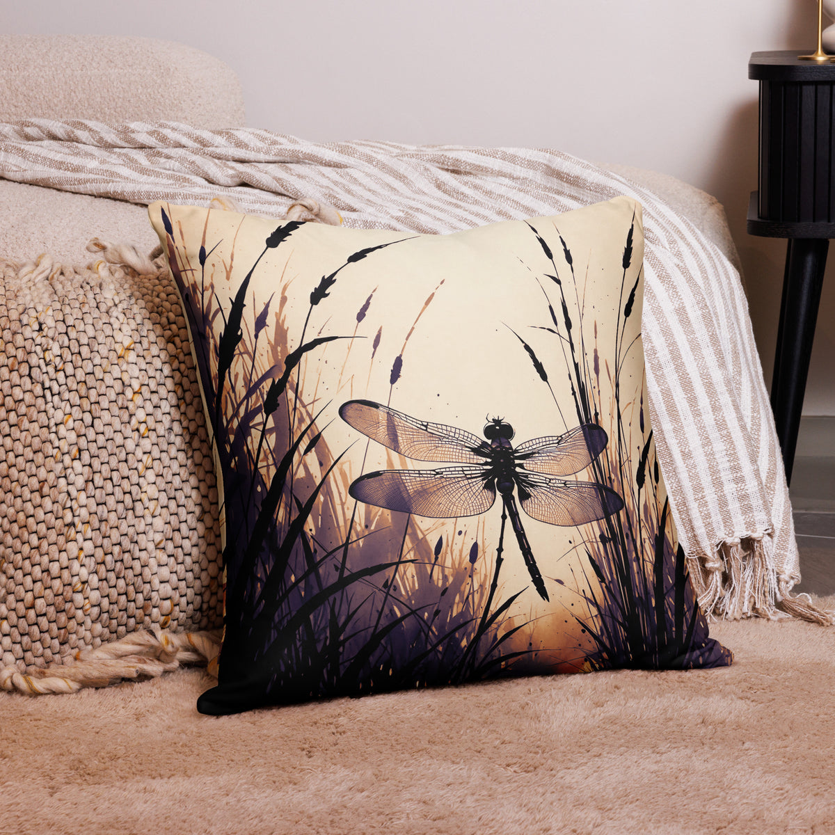 A square decorative throw pillow featuring a printed dragonfly and tall grass design, styled on a beige sofa next to a textured knit pillow and a striped throw blanket.