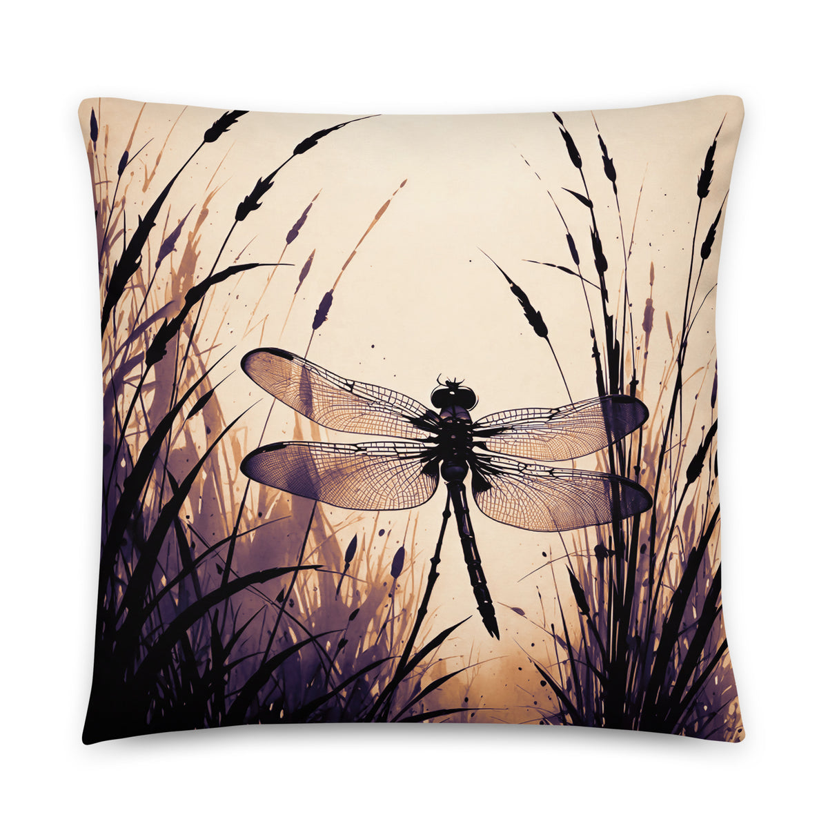 Square throw pillow featuring a printed design of a dragonfly perched among dark grass silhouettes against a warm beige and purple background.