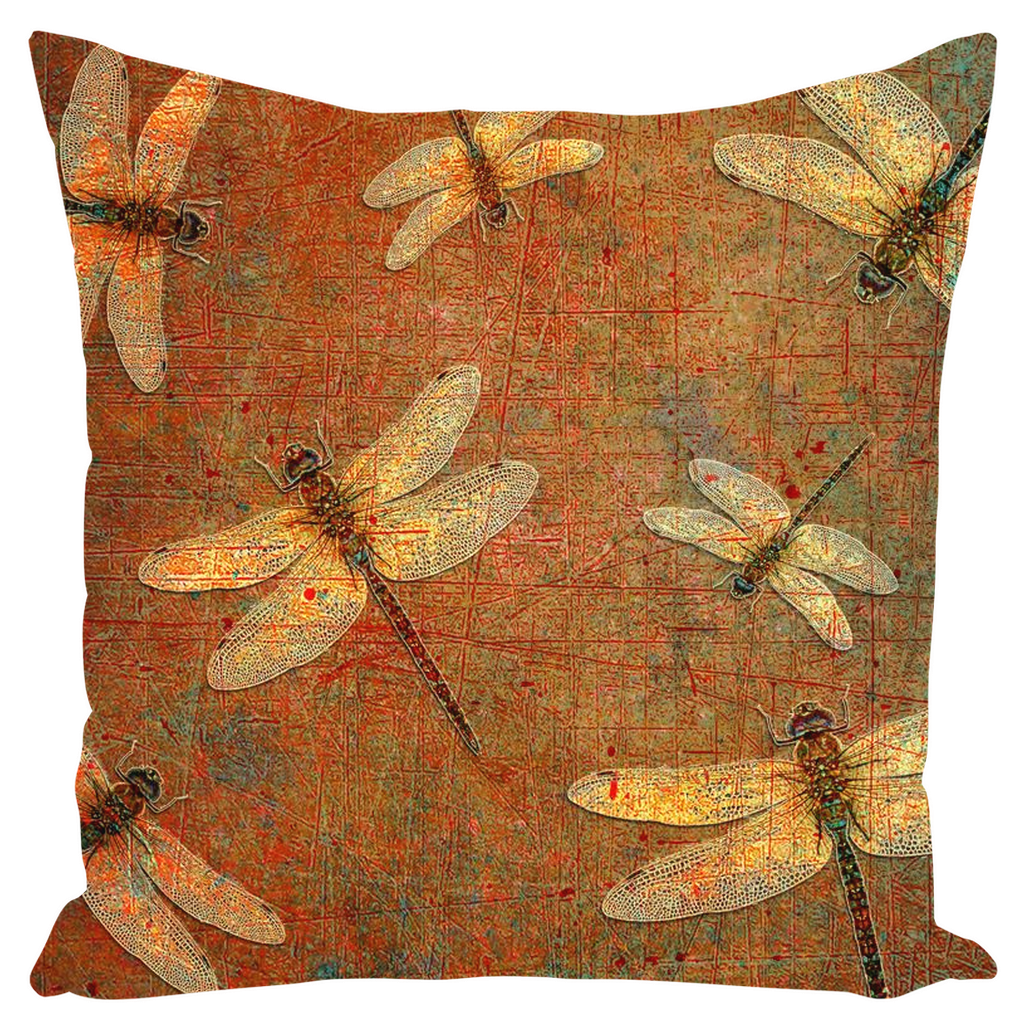 Large Throw Pillow Golden Dragonfly on Distressed Brown Background Print back