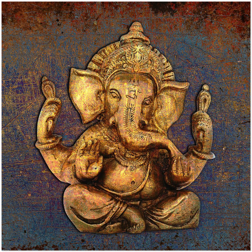 Hindu Themed Wall Art - Golden Ganesha on a Distressed Purple and Orange Background Printed on a Crystal Clear Acrylic Panel image