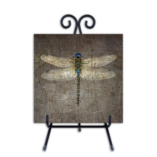 Collectible Ceramic Tile, Silver Dragonfly Print on a 8 by 8 Ceramic Tile with a Metal Stand