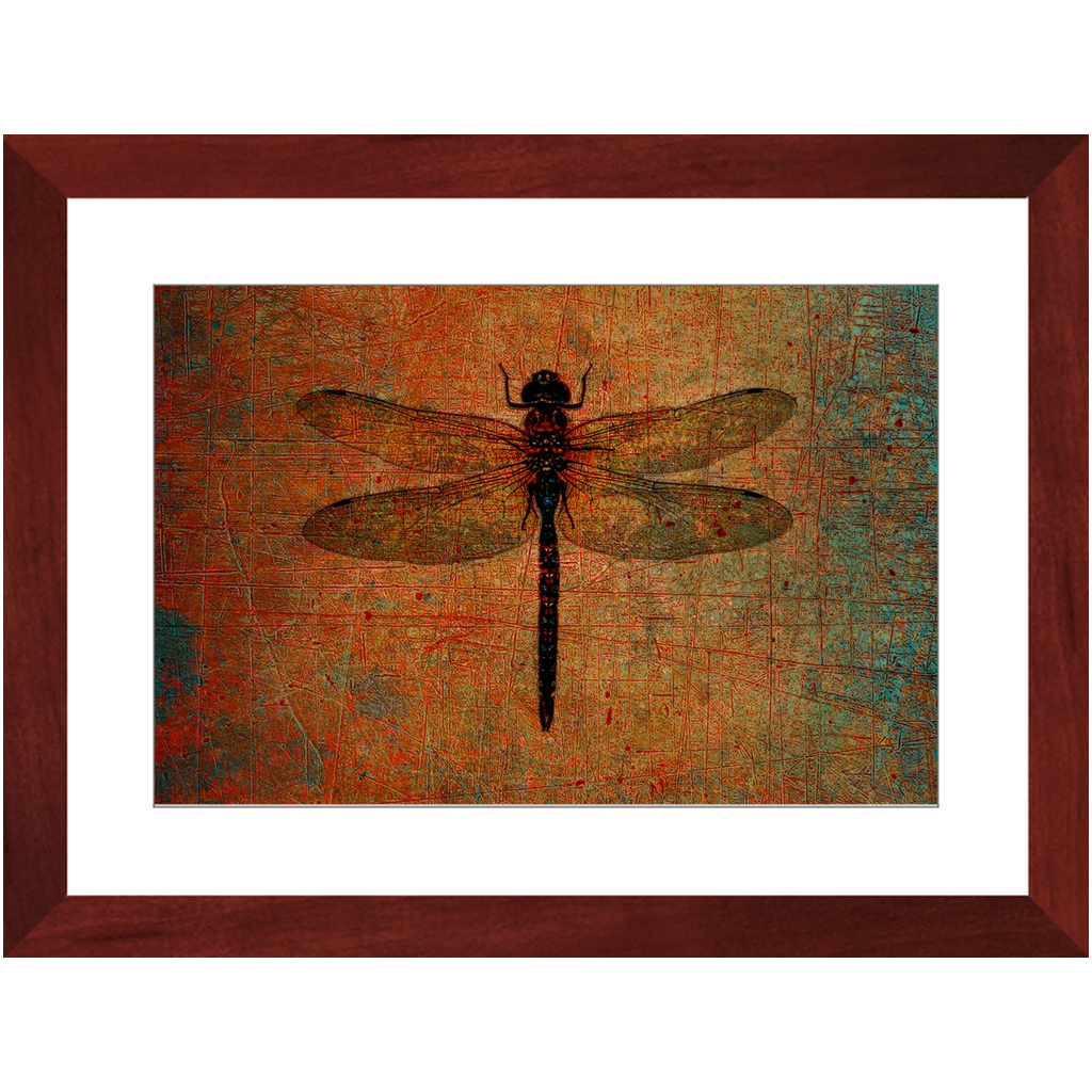 Dragonfly on Distressed Brown Background Framed in a Rectangle Cherry Color Wood Frame 12x18