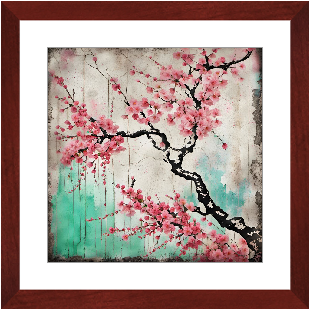 Cherry Blossoms Street Art Style Print on Archival Paper in Cherry Color Wood Frame 16x16